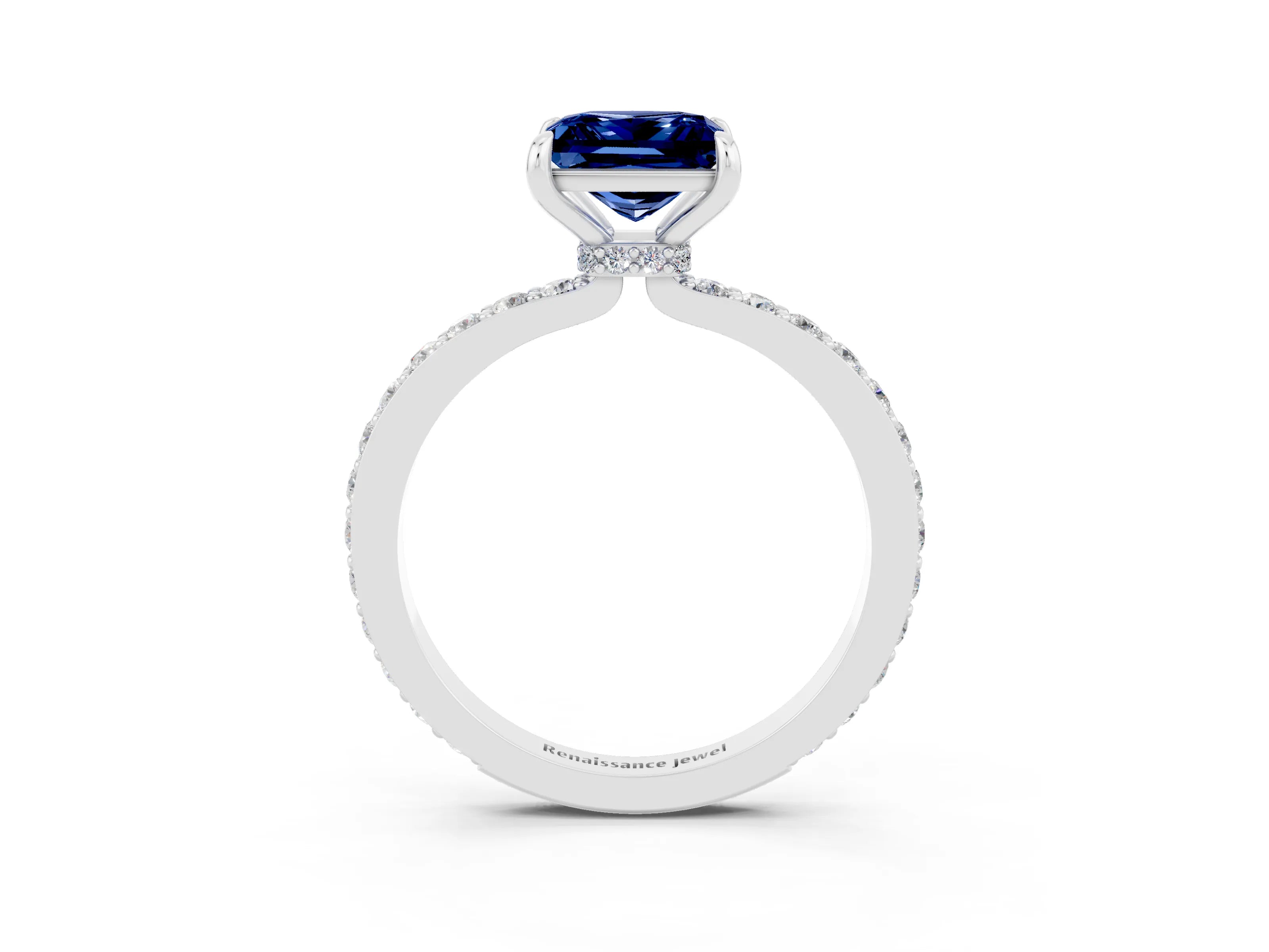 White gold Princess Cut Blue Sapphire Solitaire Engagement Ring with Pavé Band and Four-Prong Setting_3