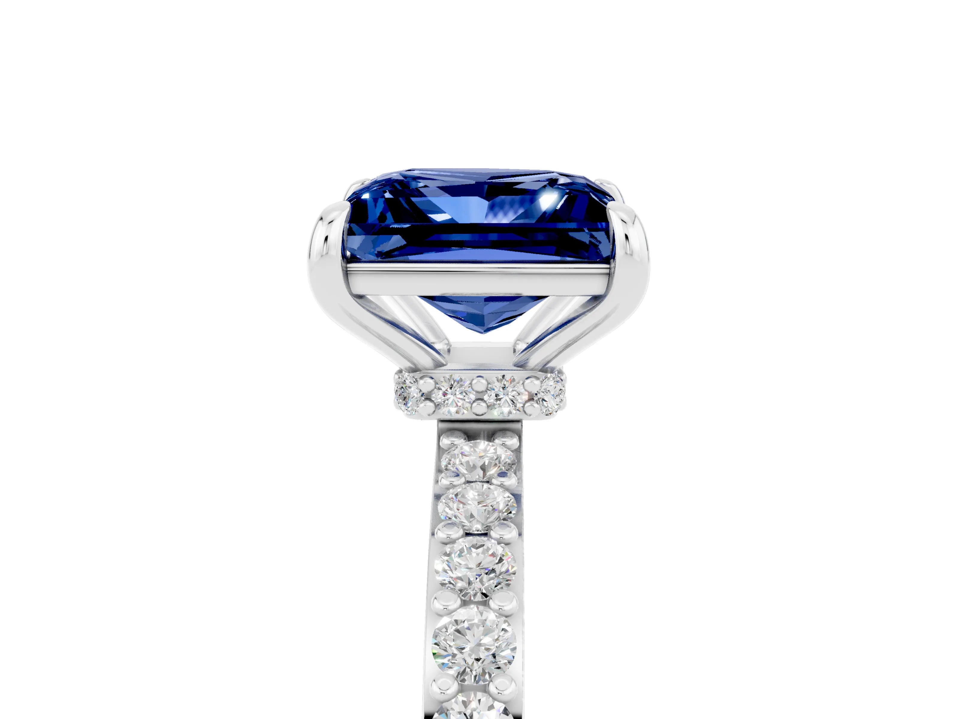 White gold Princess Cut Blue Sapphire Solitaire Engagement Ring with Pavé Band and Four-Prong Setting_5