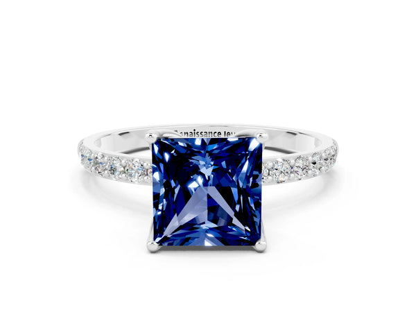 Platinum Princess Cut Blue Sapphire Solitaire Engagement Ring with Round  Pavé Band and Prong Setting