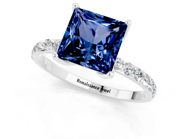 White gold Princess Cut Blue Sapphire Solitaire Engagement Ring with Round  Pavé Band and Prong Setting