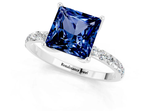 White gold Princess Cut Blue Sapphire Solitaire Engagement Ring with Pavé Band and Prong Setting_1