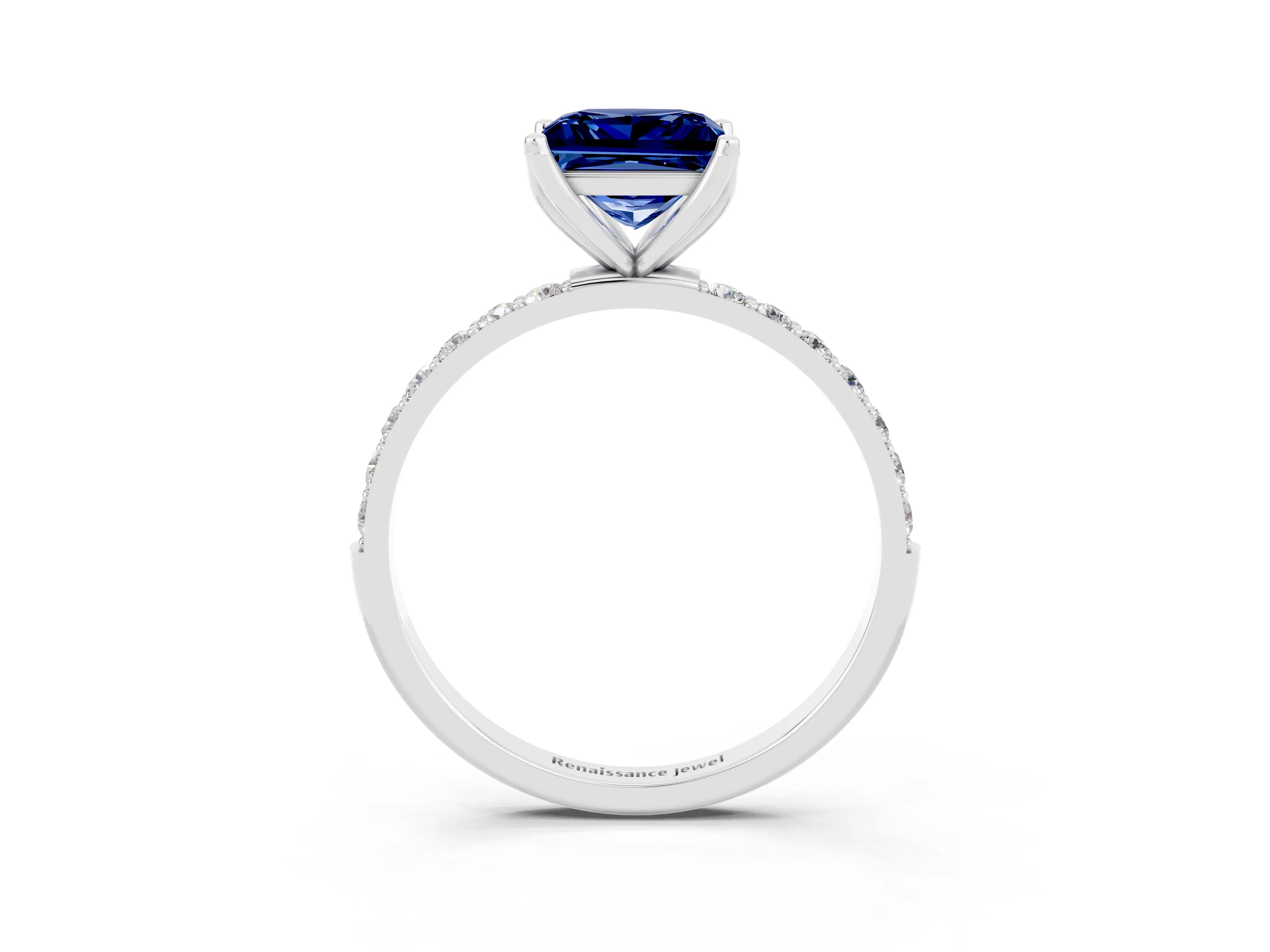White gold Princess Cut Blue Sapphire Solitaire Engagement Ring with Pavé Band and Prong Setting_3