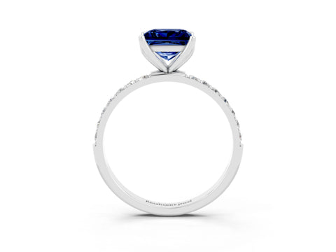 White gold Princess Cut Blue Sapphire Solitaire Engagement Ring with Pavé Band and Prong Setting_3