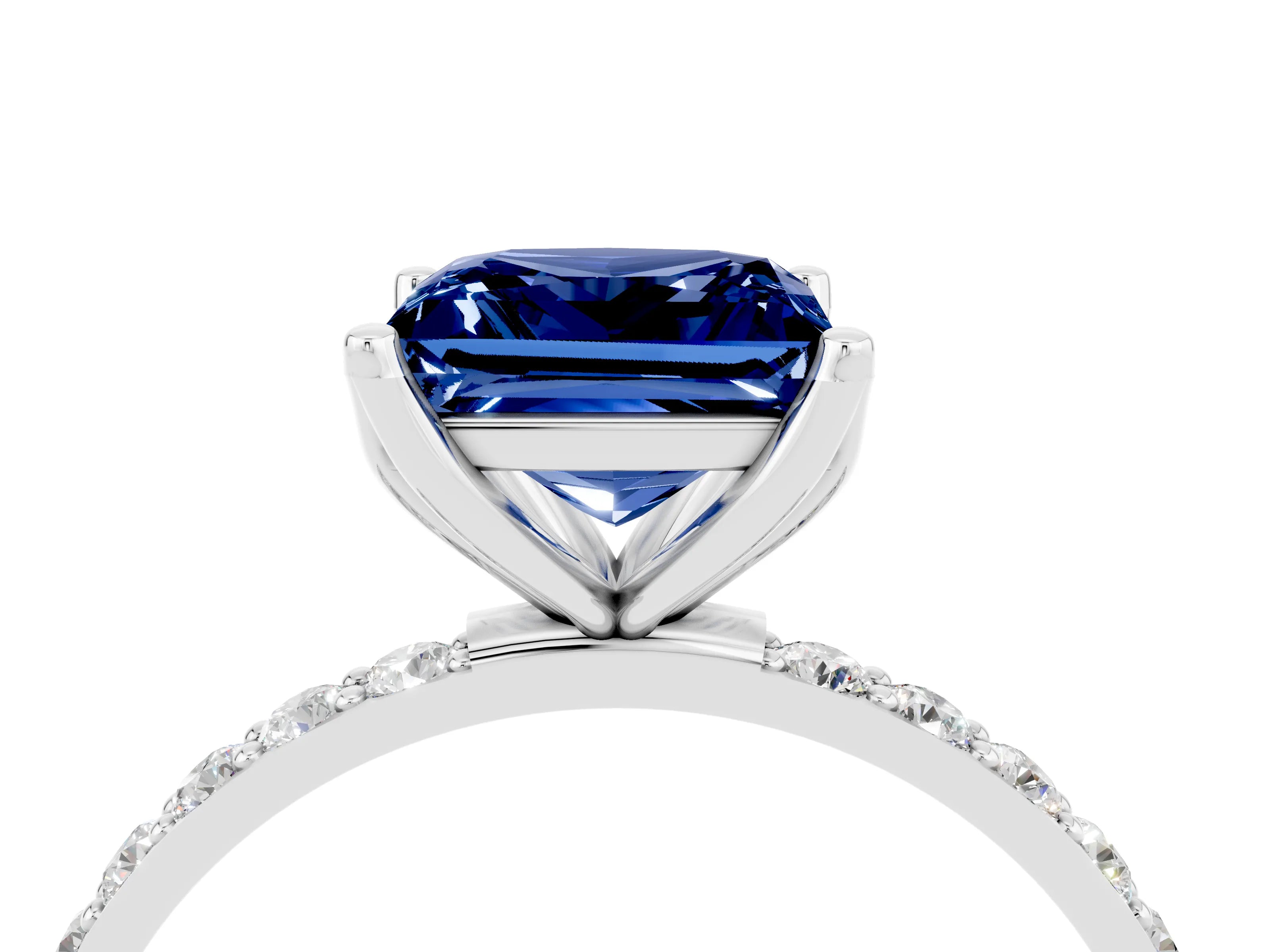 White gold Princess Cut Blue Sapphire Solitaire Engagement Ring with Pavé Band and Prong Setting_4
