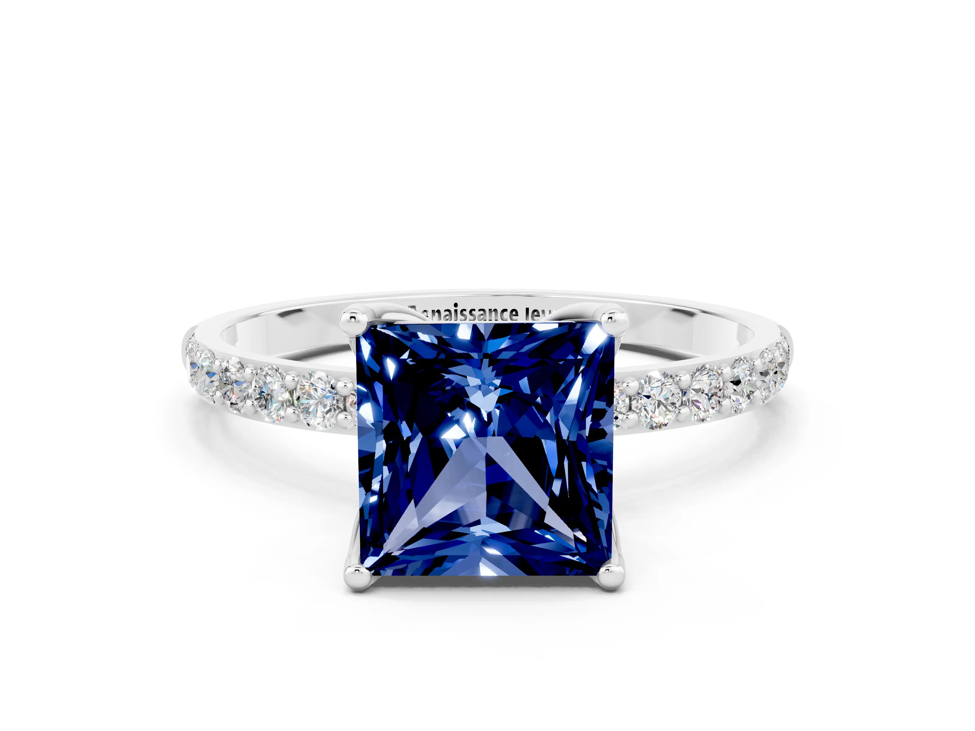 White gold Princess Cut Blue Sapphire Solitaire Engagement Ring with Pavé Band and Prong Setting