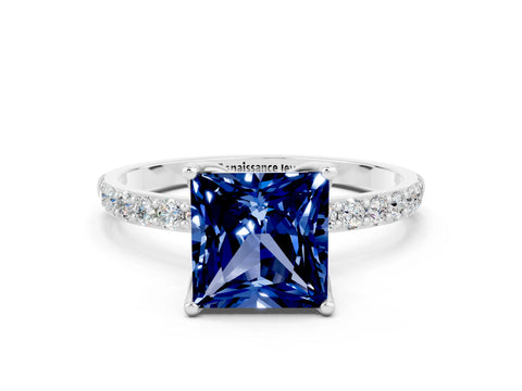 White gold Princess Cut Blue Sapphire Solitaire Engagement Ring with Pavé Band and Prong Setting