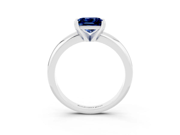 Silver Princess Cut Blue Sapphire Solitaire Engagement Ring with Round Band and Four-Prong Setting