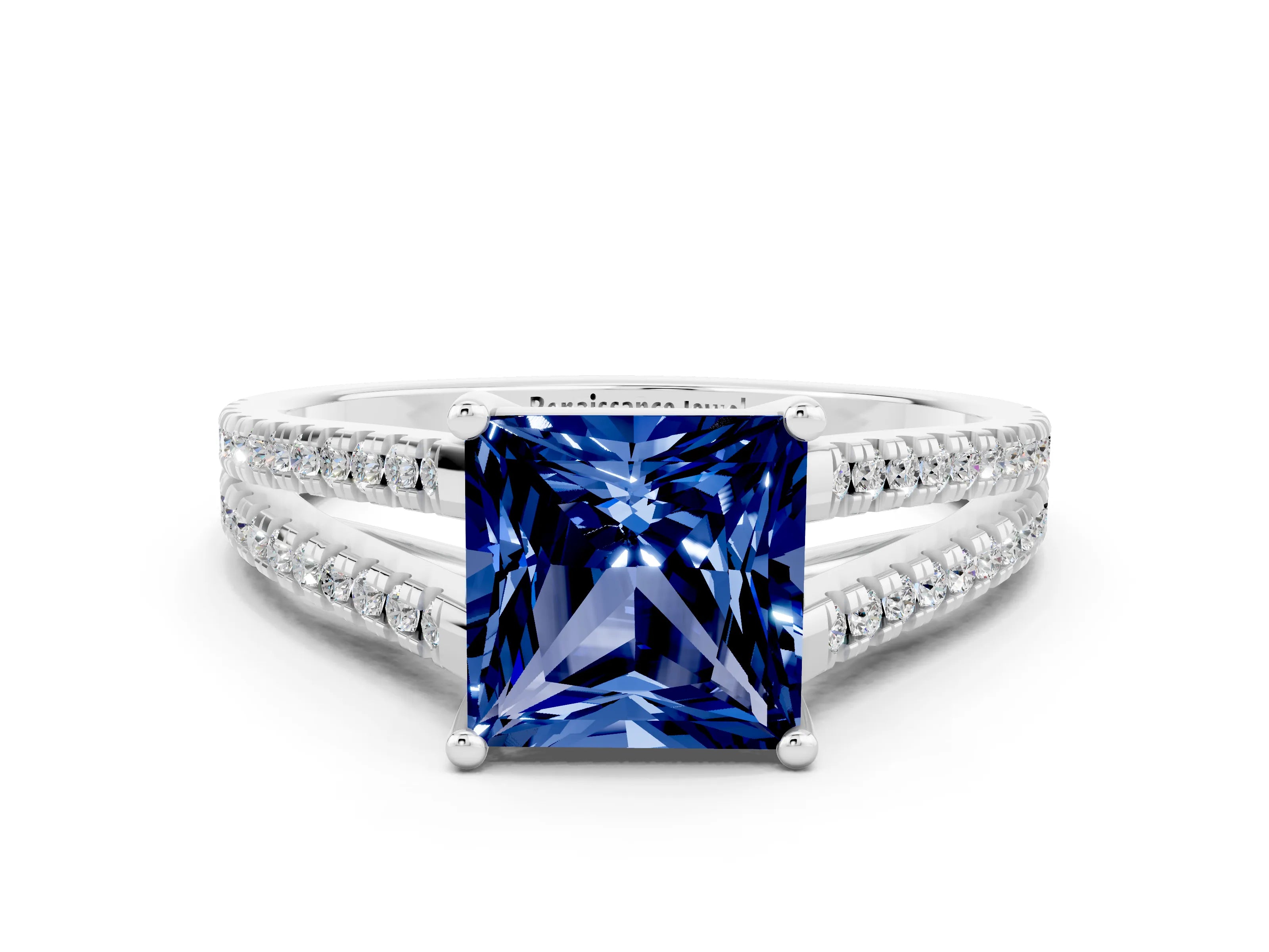 White gold Princess Cut Blue Sapphire Solitaire Engagement Ring with Split Shank Pavé Band