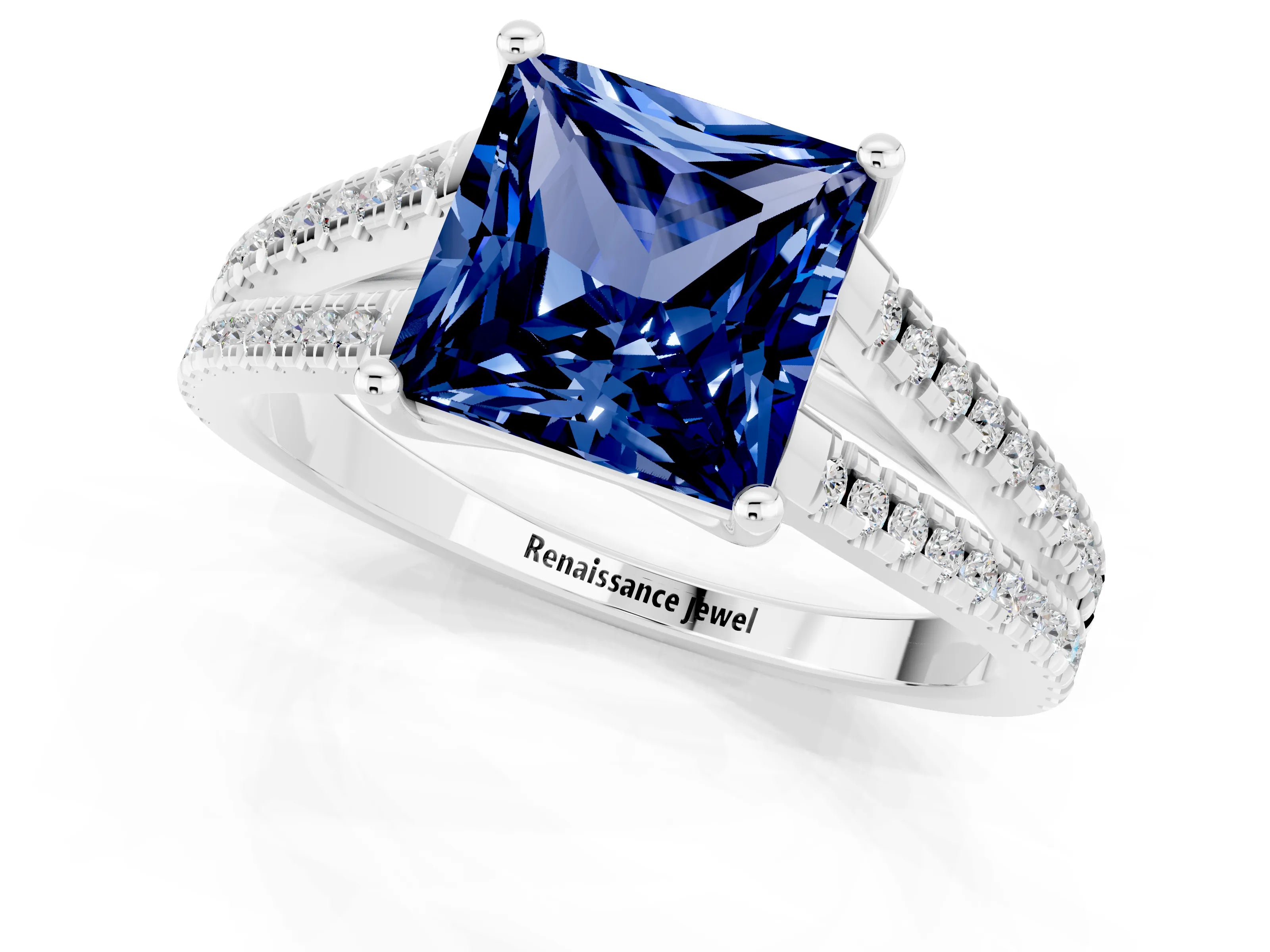 White gold Princess Cut Blue Sapphire Solitaire Engagement Ring with Split Shank Pavé Band_1