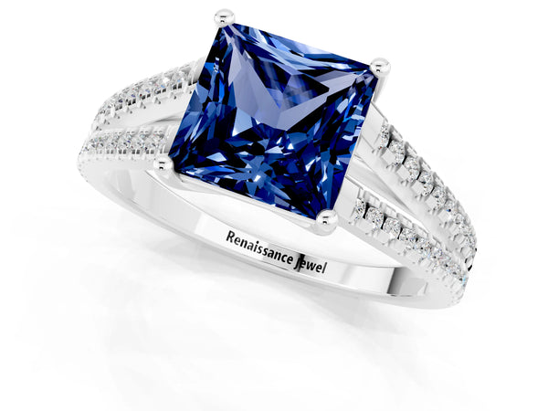 Silver Princess Cut Blue Sapphire Solitaire Engagement Ring with Split Shank Pavé Band