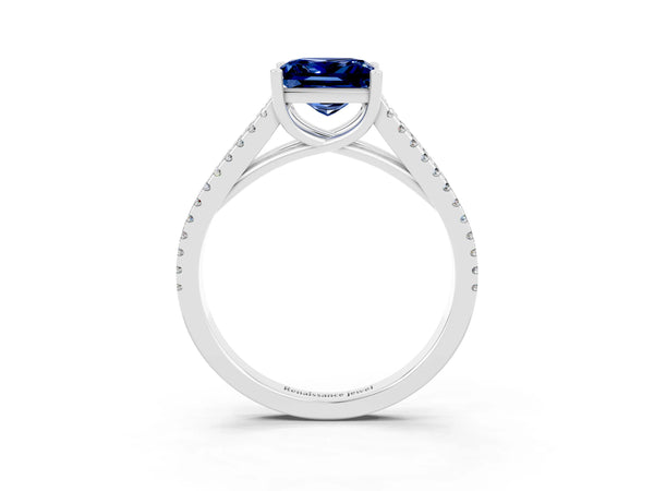 Platinum Princess Cut Blue Sapphire Solitaire Engagement Ring with Split Shank Pavé Band