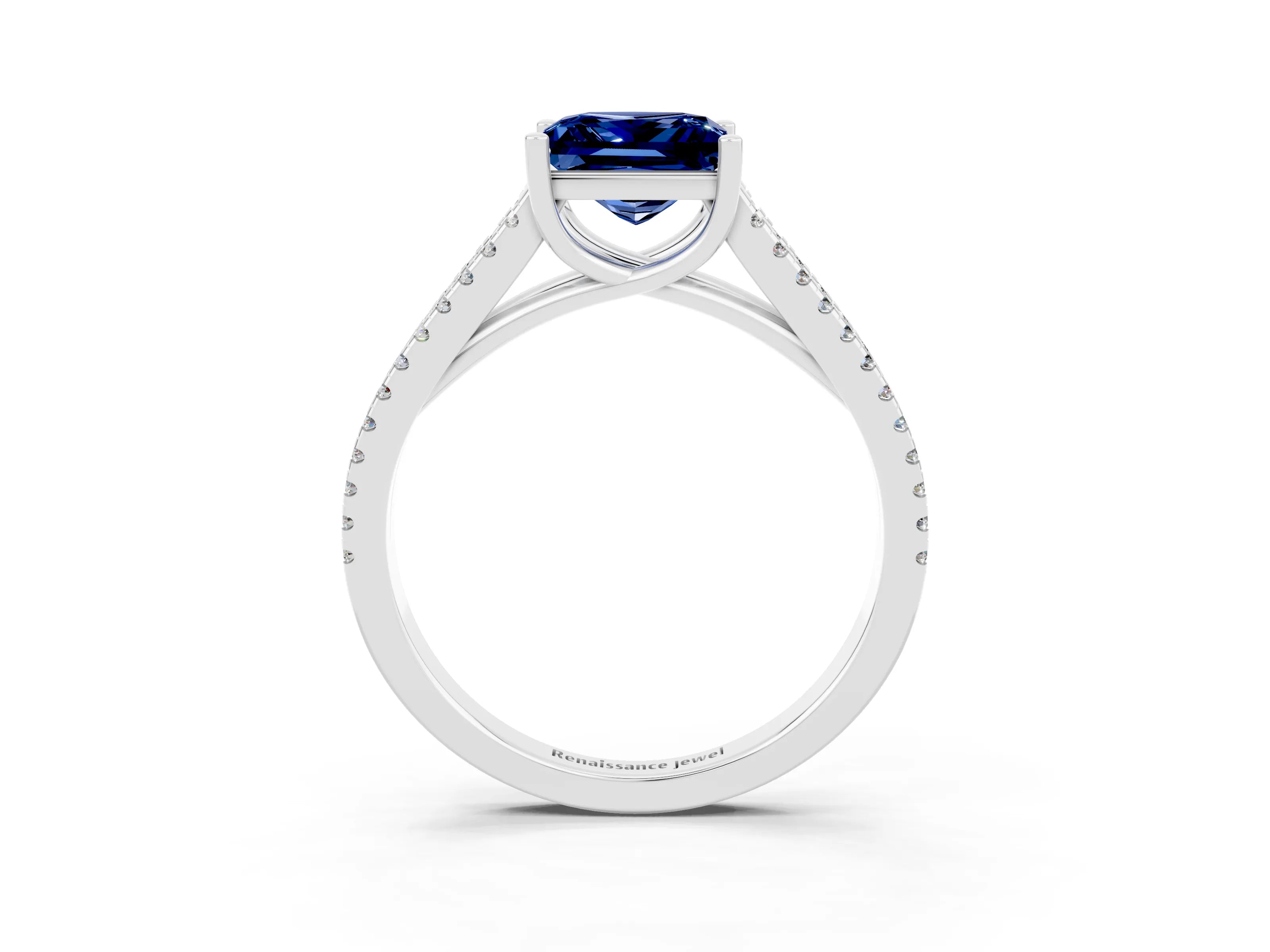 White gold Princess Cut Blue Sapphire Solitaire Engagement Ring with Split Shank Pavé Band_3