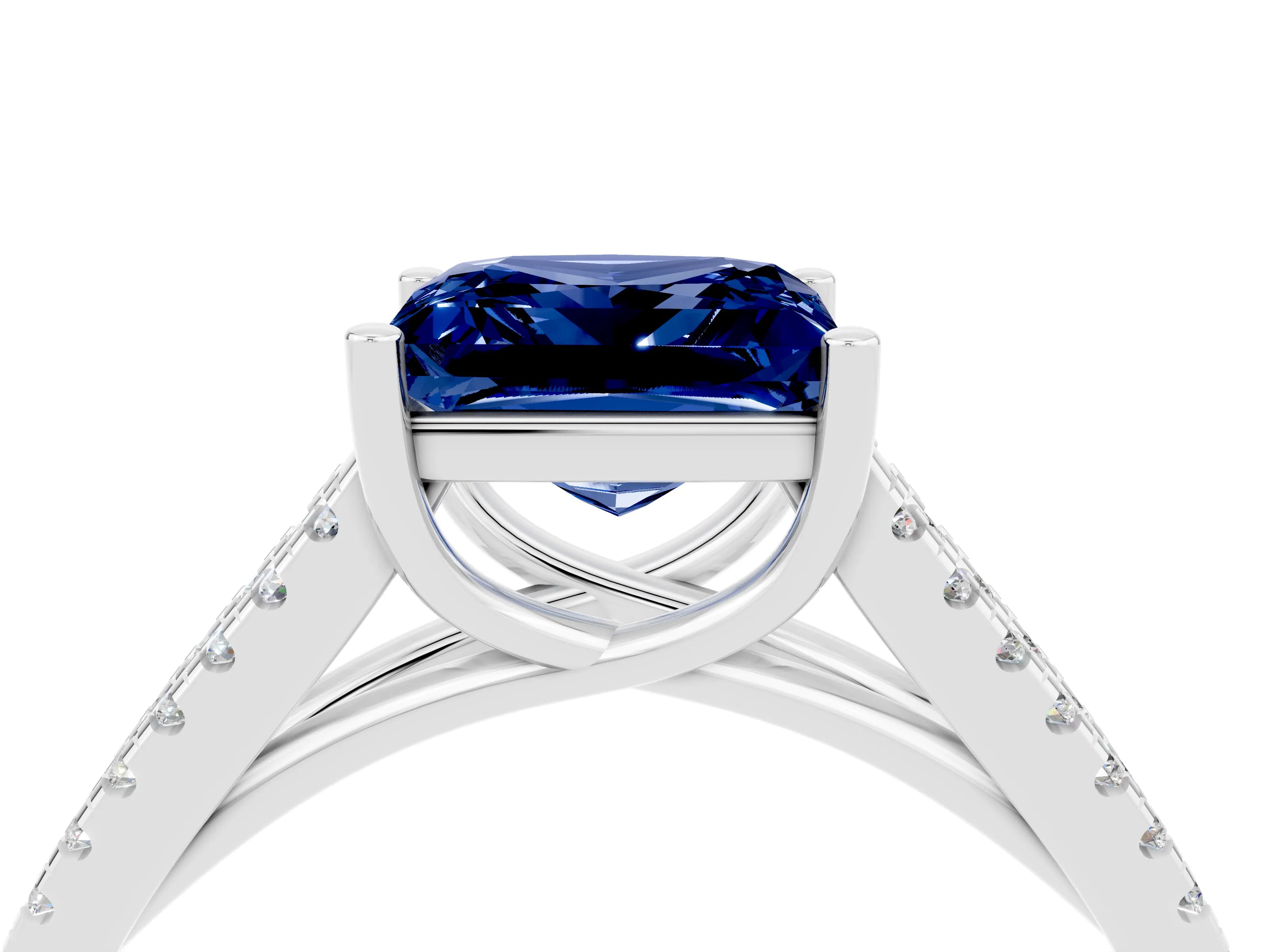 White gold Princess Cut Blue Sapphire Solitaire Engagement Ring with Split Shank Pavé Band_4