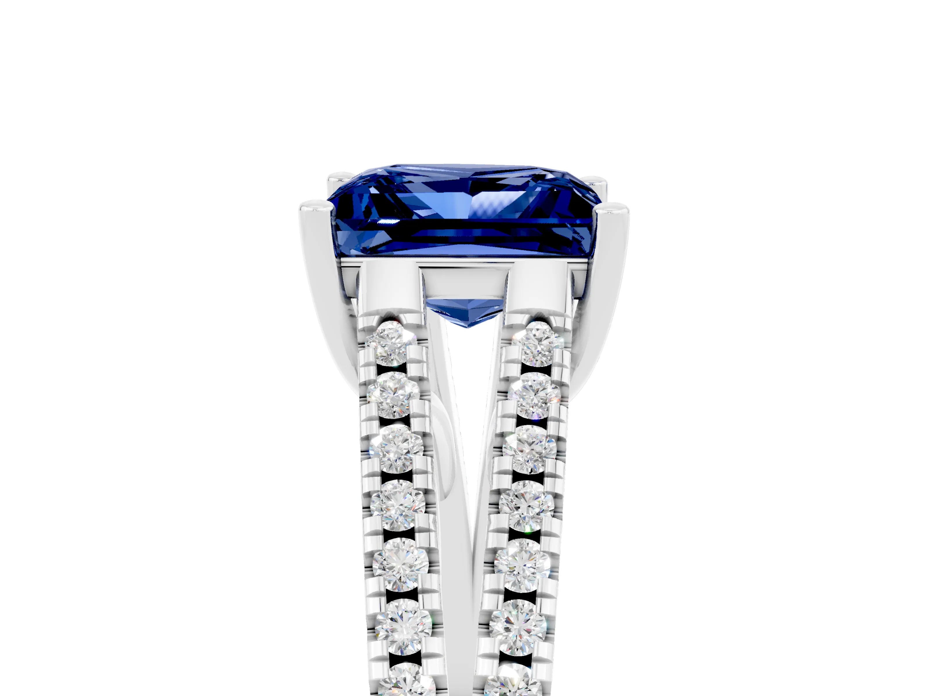 White gold Princess Cut Blue Sapphire Solitaire Engagement Ring with Split Shank Pavé Band_5