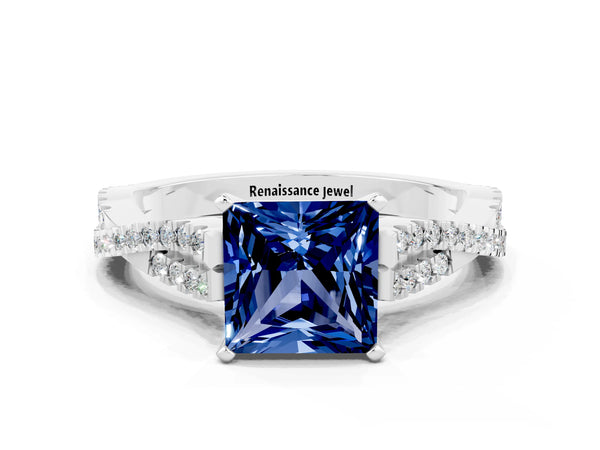 Platinum Princess Cut Blue Sapphire Solitaire Engagement Ring with Twisted Pavé Band and Four-Prong Setting