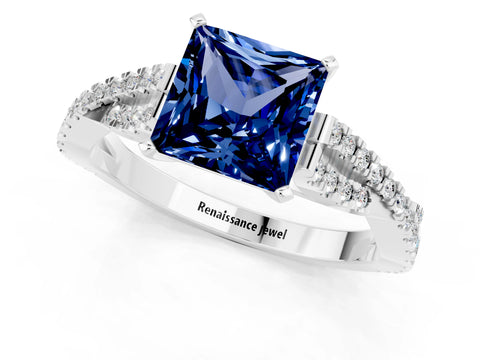 White gold Princess Cut Blue Sapphire Solitaire Engagement Ring with Twisted Pavé Band and Four-Prong Setting_13
