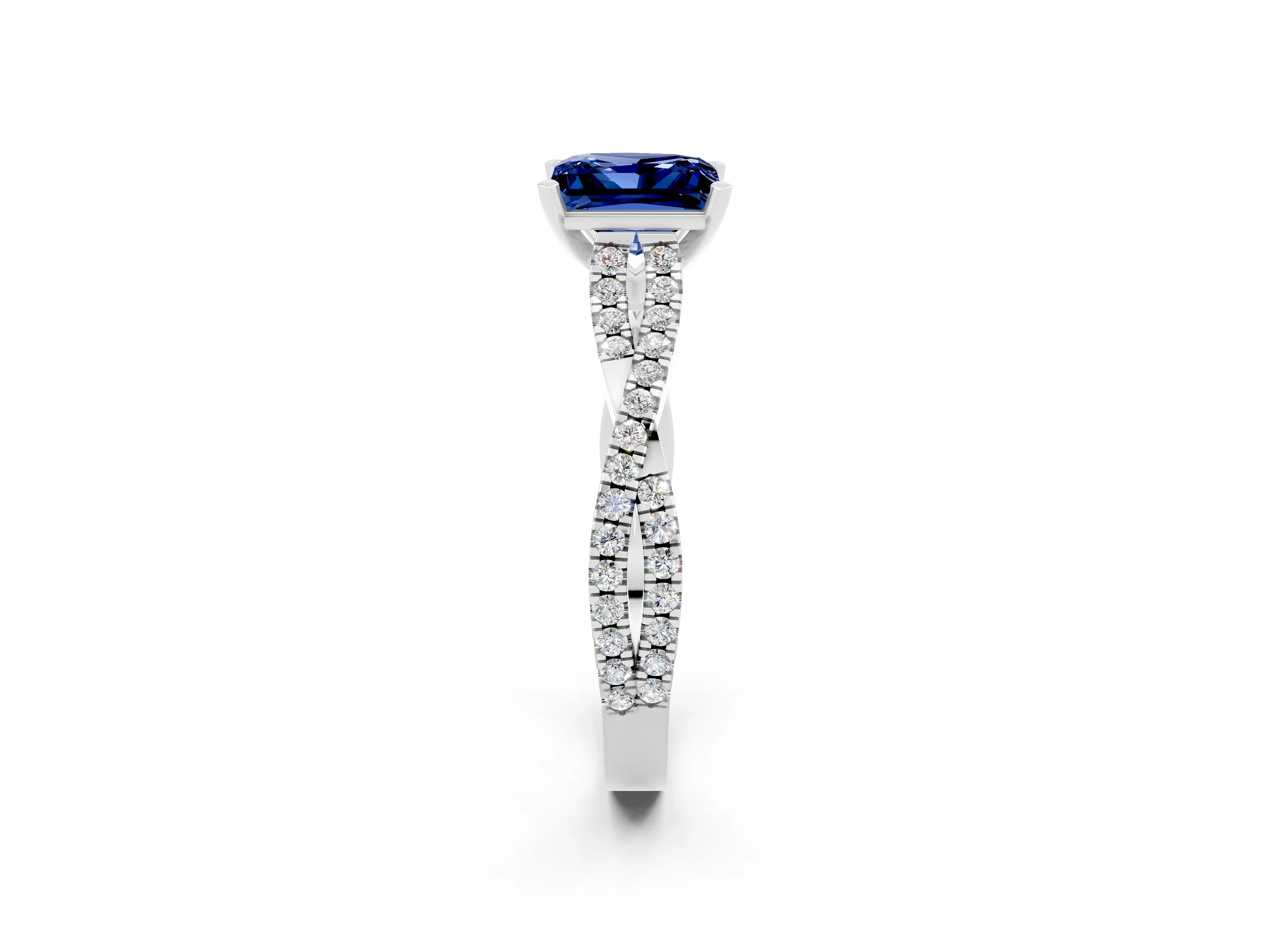 White gold Princess Cut Blue Sapphire Solitaire Engagement Ring with Twisted Pavé Band and Four-Prong Setting_14