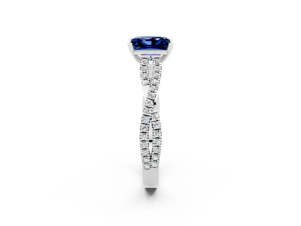 White gold Princess Cut Blue Sapphire Solitaire Engagement Ring with Twisted Pavé Band and Four-Prong Setting