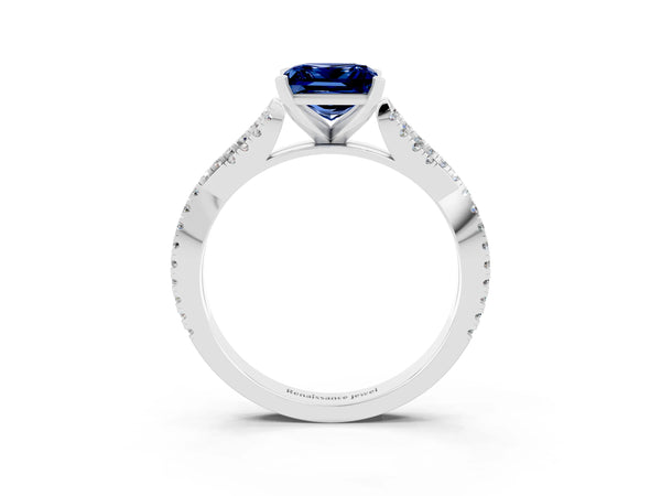Platinum Princess Cut Blue Sapphire Solitaire Engagement Ring with Twisted Pavé Band and Four-Prong Setting