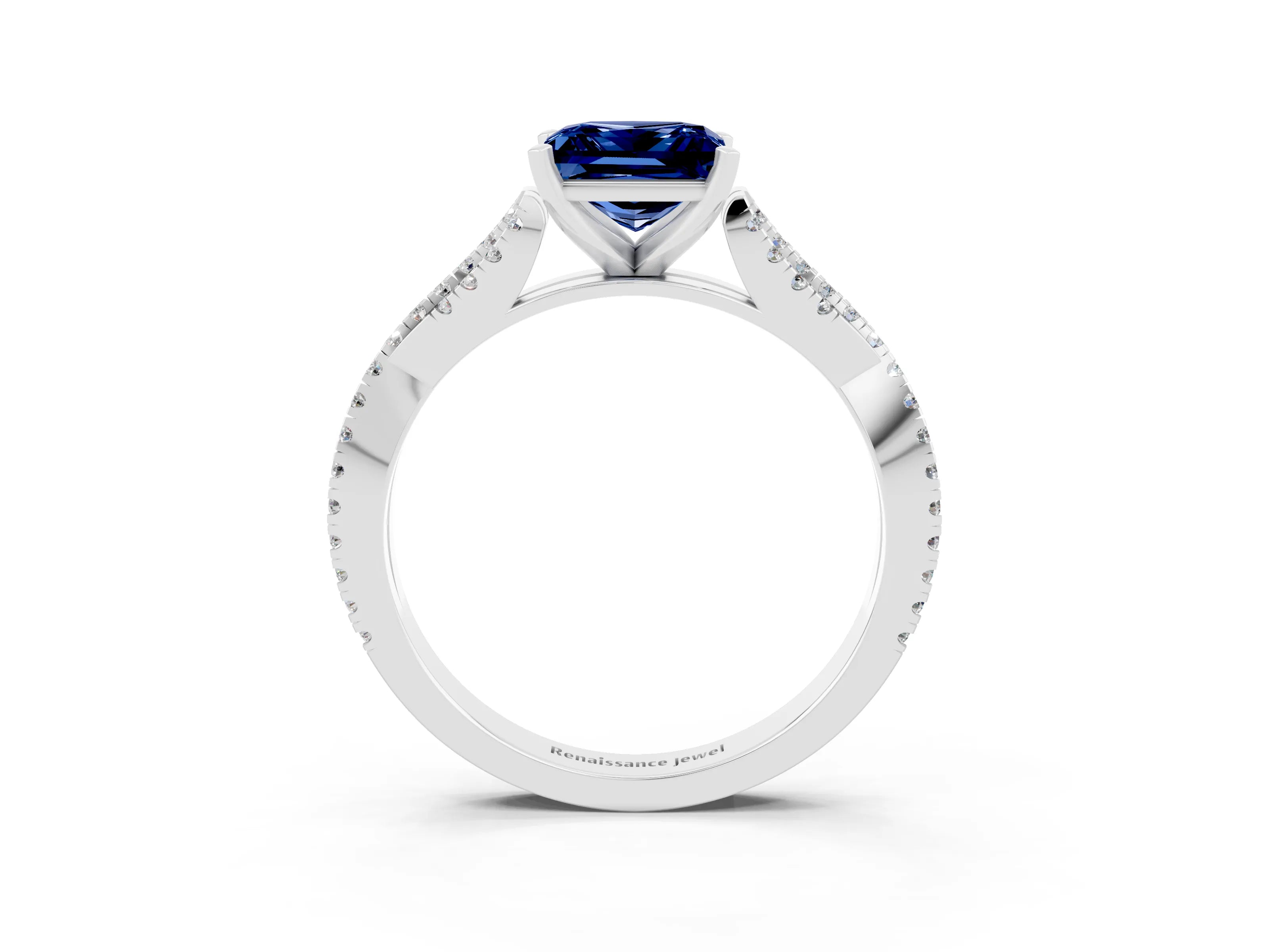 White gold Princess Cut Blue Sapphire Solitaire Engagement Ring with Twisted Pavé Band and Four-Prong Setting_15