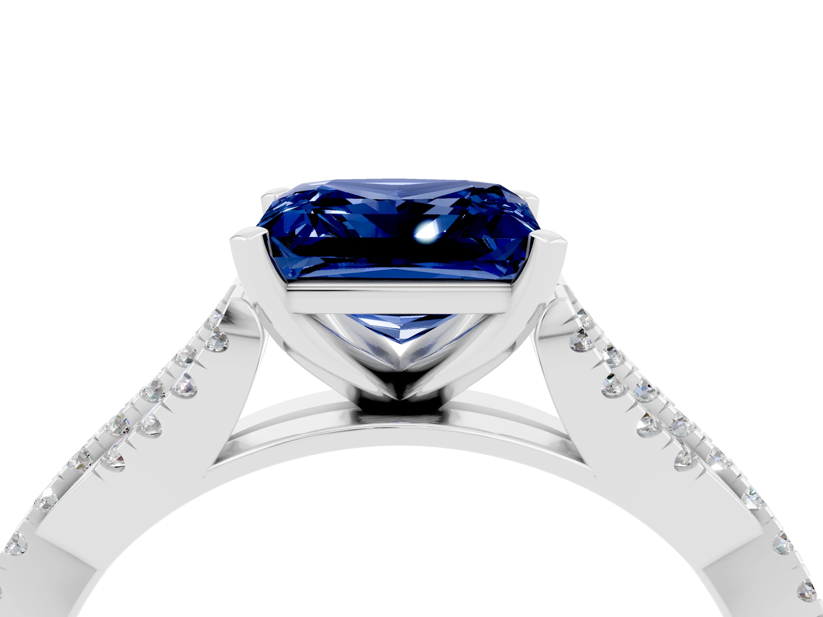 White gold Princess Cut Blue Sapphire Solitaire Engagement Ring with Twisted Pavé Band and Four-Prong Setting_16