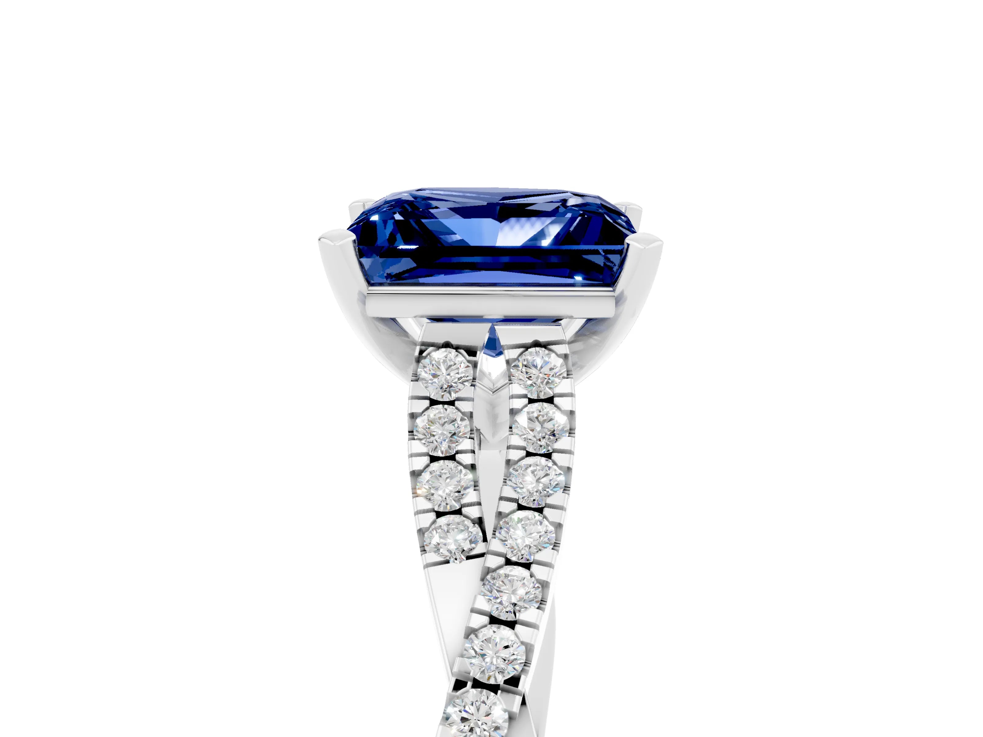 White gold Princess Cut Blue Sapphire Solitaire Engagement Ring with Twisted Pavé Band and Four-Prong Setting_17