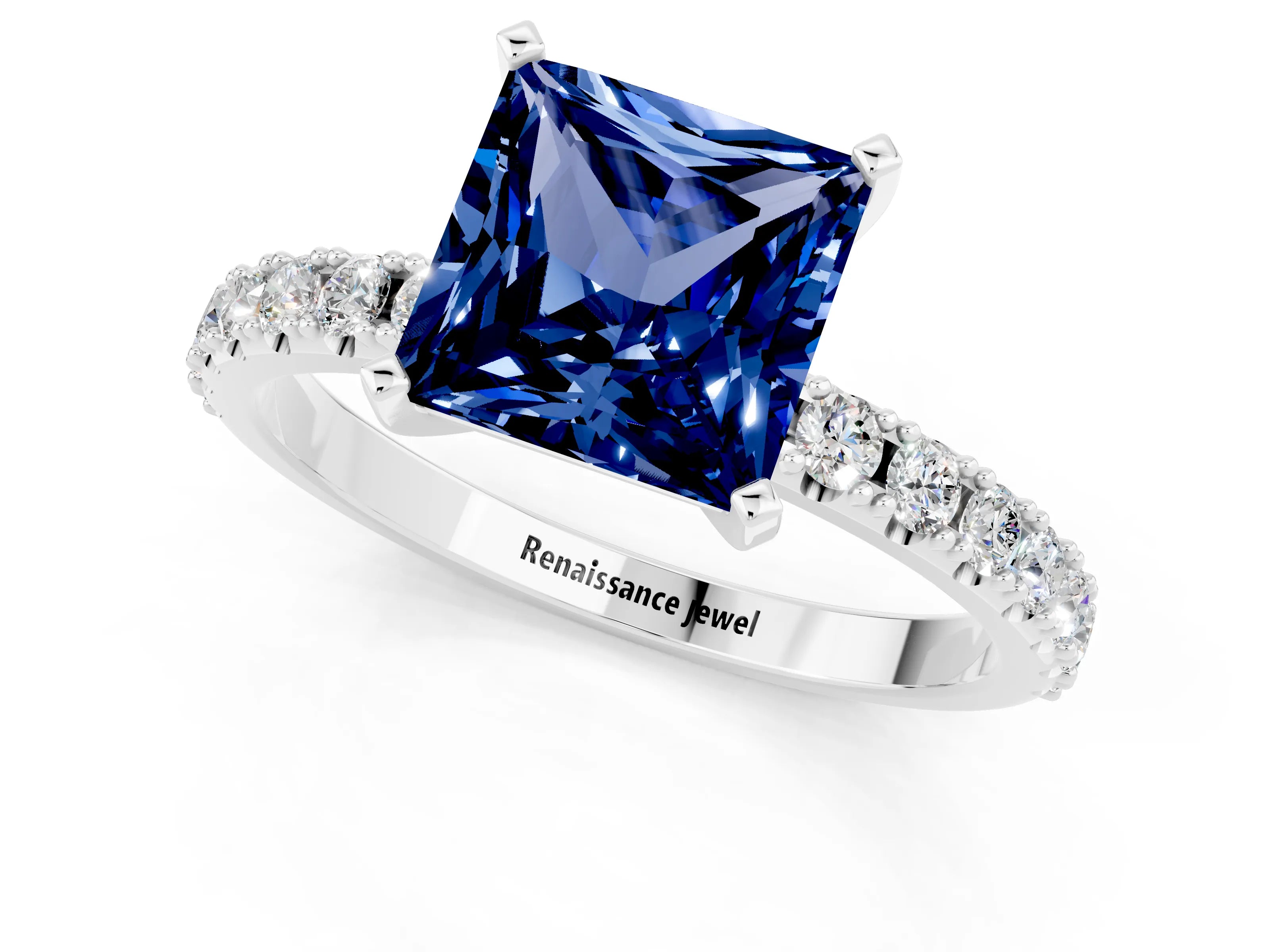White gold Princess Cut Blue Sapphire Solitaire Pavé Band with Four-Prong Setting_1