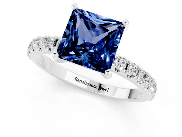 Silver Princess Cut Blue Sapphire Solitaire Pavé Band with Four-Prong Setting