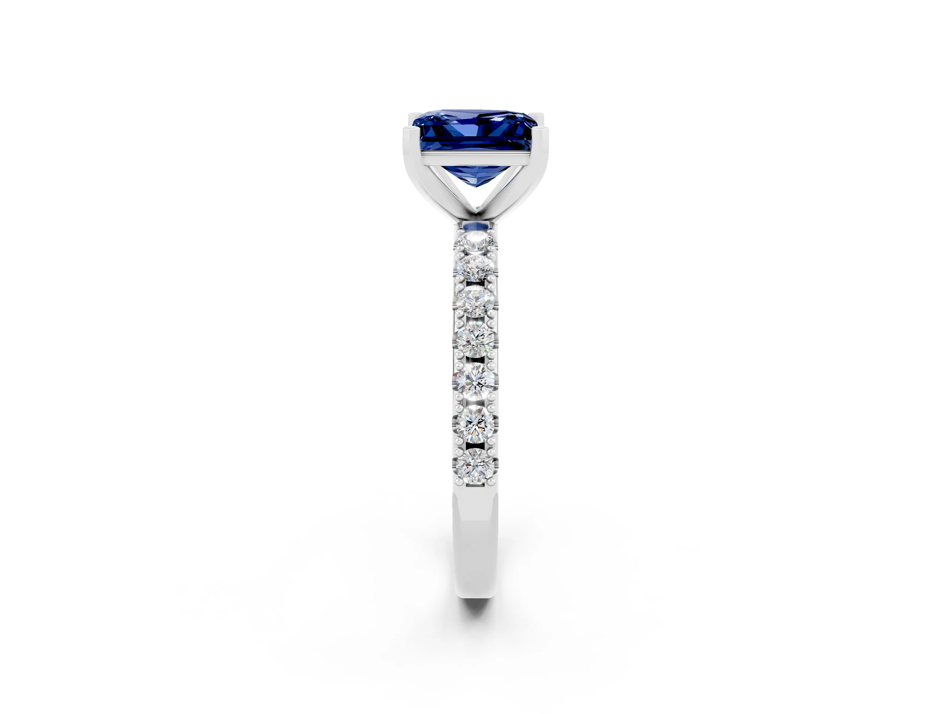 White gold Princess Cut Blue Sapphire Solitaire Pavé Band with Four-Prong Setting_2