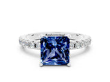 White gold Princess Cut Blue Sapphire Solitaire Pavé Band with Four-Prong Setting