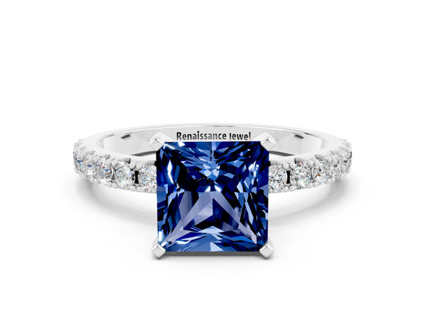 White gold Princess Cut Blue Sapphire Solitaire Pavé Band with Four-Prong Setting