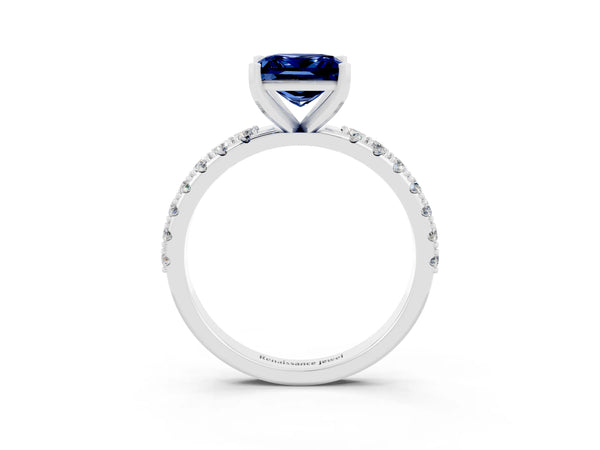 Platinum Princess Cut Blue Sapphire Solitaire Pavé Band with Four-Prong Setting