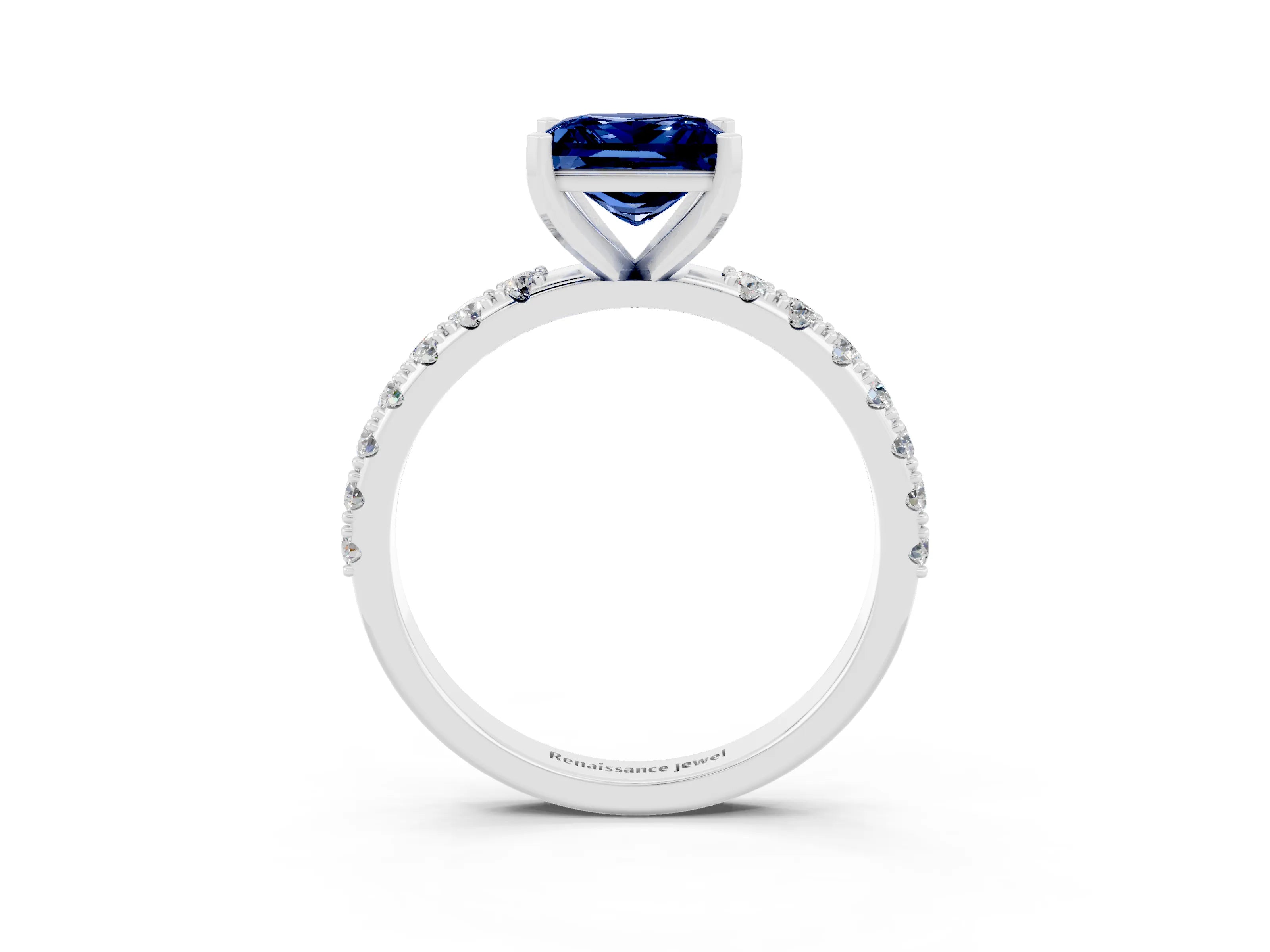 White gold Princess Cut Blue Sapphire Solitaire Pavé Band with Four-Prong Setting_3