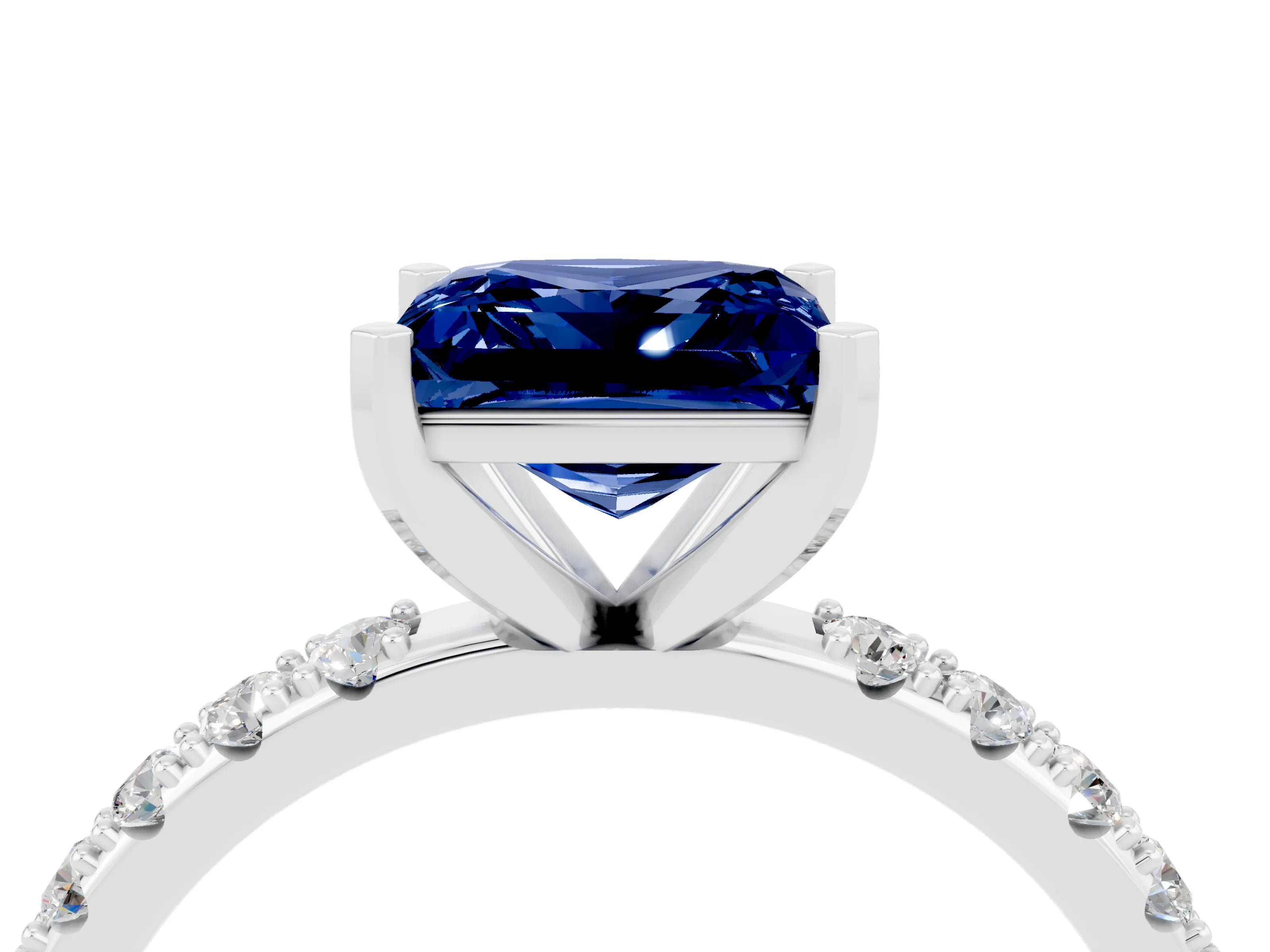 White gold Princess Cut Blue Sapphire Solitaire Pavé Band with Four-Prong Setting_4