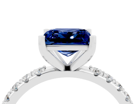 White gold Princess Cut Blue Sapphire Solitaire Pavé Band with Four-Prong Setting_4