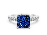 White gold Princess Cut Blue Sapphire Solitaire Pavé Engagement Ring with Round Band and Prong Setting_13