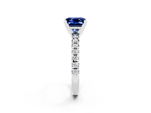 Platinum Princess Cut Blue Sapphire Solitaire Pavé Engagement Ring with Round Band and Prong Setting