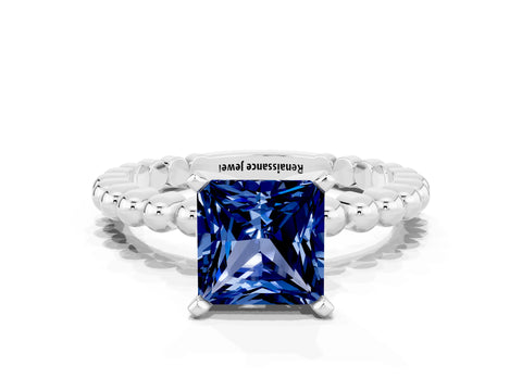 White gold Princess Cut Blue Sapphire Solitaire Ring with Beaded Band and Prong Setting_12