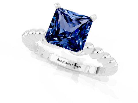 White gold Princess Cut Blue Sapphire Solitaire Ring with Beaded Band and Prong Setting_13