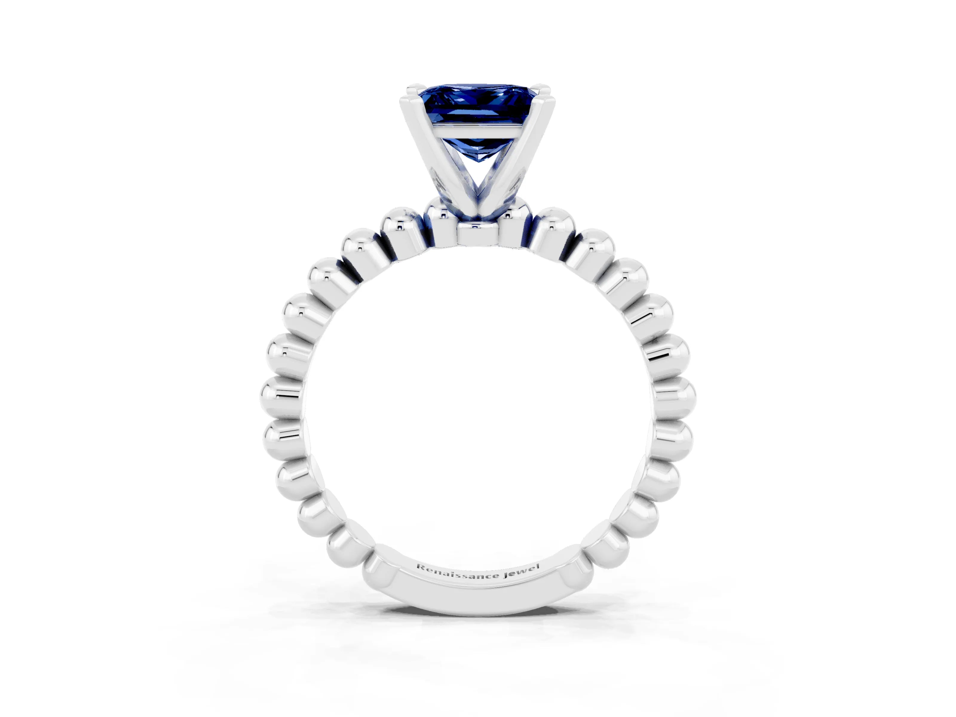 White gold Princess Cut Blue Sapphire Solitaire Ring with Beaded Band and Prong Setting_15