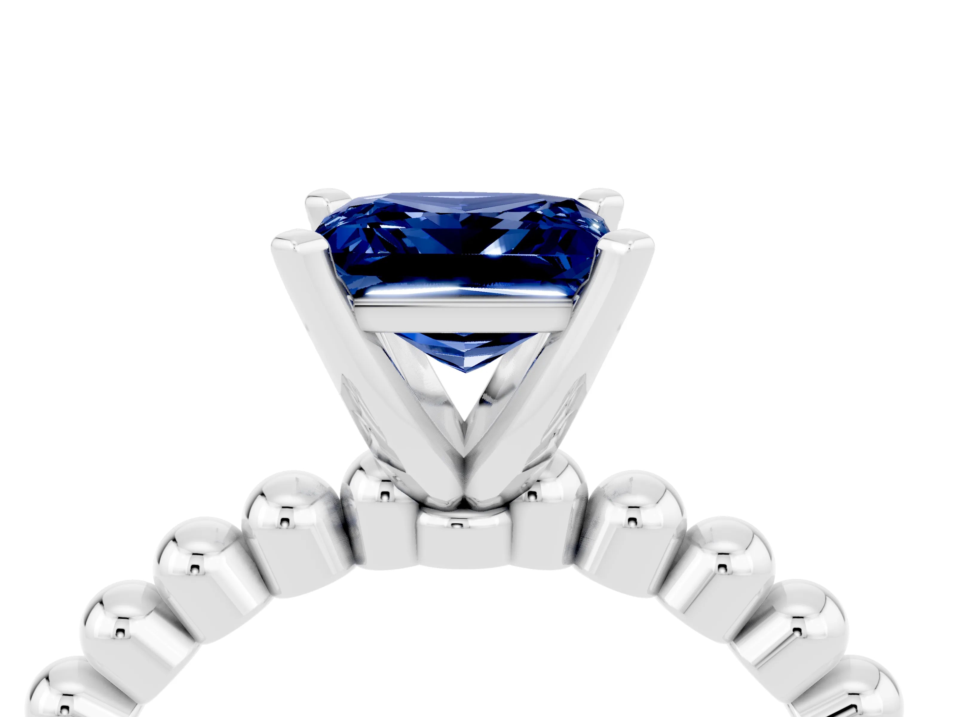 White gold Princess Cut Blue Sapphire Solitaire Ring with Beaded Band and Prong Setting_16