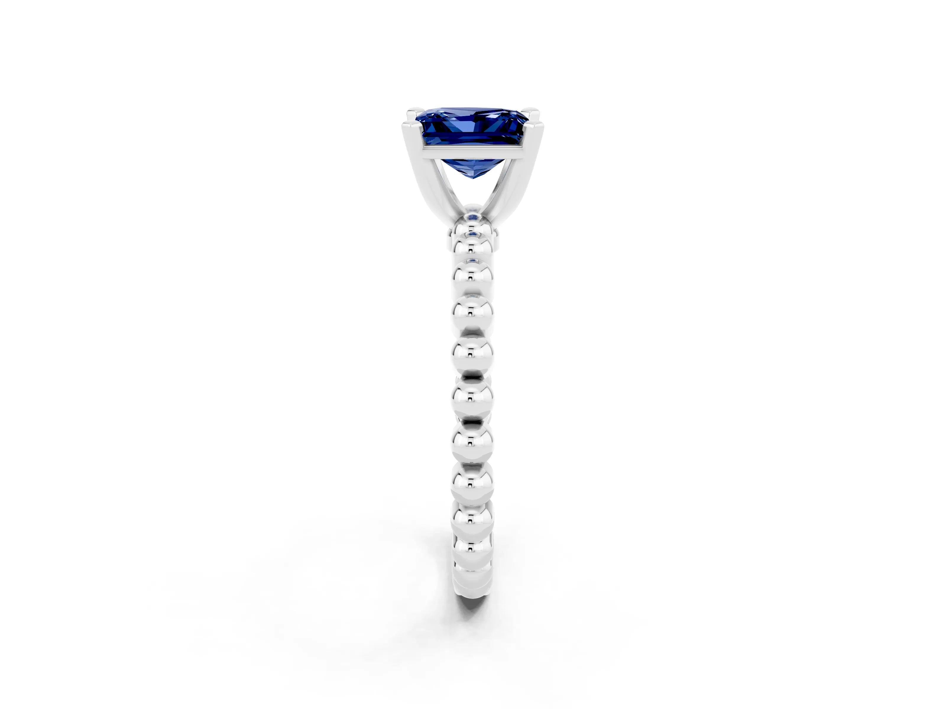 White gold Princess Cut Blue Sapphire Solitaire Ring with Beaded Band and Prong Setting_2