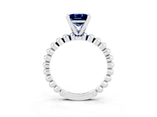 Platinum Princess Cut Blue Sapphire Solitaire Ring with Beaded Band and Prong Setting