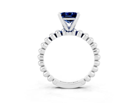 White gold Princess Cut Blue Sapphire Solitaire Ring with Beaded Band and Prong Setting_3