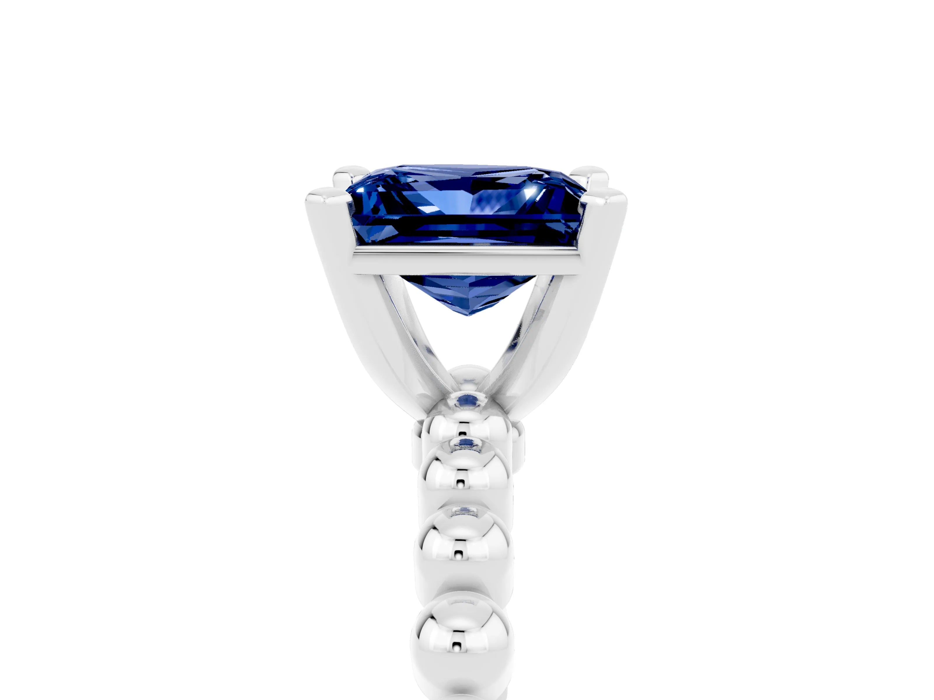 White gold Princess Cut Blue Sapphire Solitaire Ring with Beaded Band and Prong Setting_5