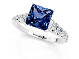 White gold Princess Cut Blue Sapphire Solitaire Ring with Cathedral Setting and Pavé Band_1