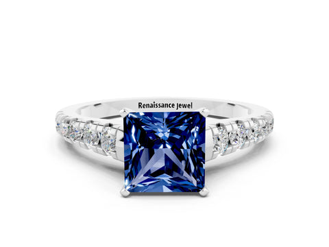 White gold Princess Cut Blue Sapphire Solitaire Ring with Cathedral Setting and Pavé Band