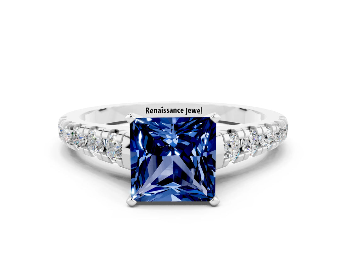 White gold Princess Cut Blue Sapphire Solitaire Ring with Cathedral Setting and Pavé Band