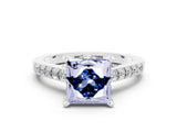 White gold Princess Cut Blue Sapphire Solitaire Ring with Crossover Gallery and Round  Pavé Band_12