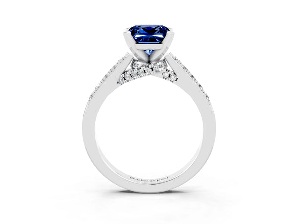 White gold Princess Cut Blue Sapphire Solitaire Ring with Crossover Gallery and Round  Pavé Band